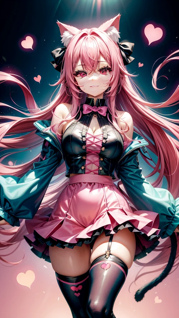 Bright pink hair, pink eyes, woman, teal blue gold clothes, hair bows, happy face, sexy, cat ears, hearts, floating hearts, thigh up, thigh high tights, long hair