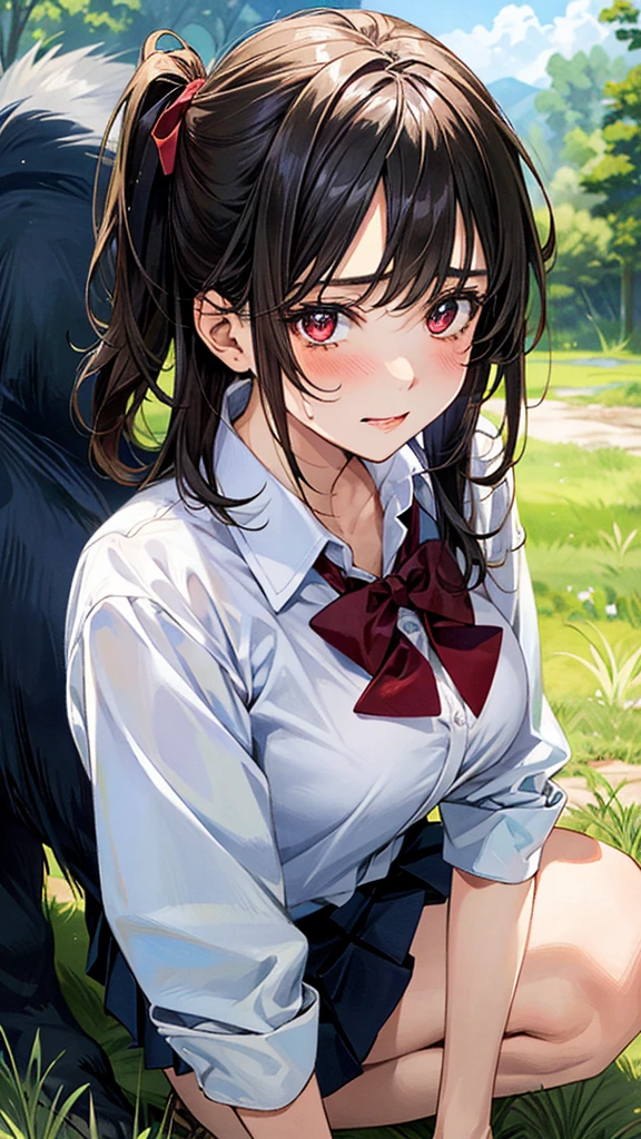 (masterpiece:1.2, top-quality), (realistic, photorealistic:1.4), beautiful illustration, (natural side lighting, movie lighting), 
looking at viewer, (extreme close-up, from side), 1 girl, japanese, high school girl, perfect face, (perfect ???????), cute and symmetrical face, shiny skin, 
(middle hair, straight hair, black hair), asymmetrical bangs, dark red eyes, long eye lasher, (medium breasts, seductive thighs, big ass), 
beautiful hair, beautiful face, beautiful detailed eyes, beautiful clavicle, beautiful body, beautiful chest, beautiful thigh, beautiful legs, 
((insanely detailed clothes, white collared shirt, navy pleated skirt, dark red bow tie)), In a grassy field, a girl is on all fours, a big dog is hugging her back from behind, and the dog's body is on top of the girl's. The girl's face is bright red and flushed, her mouth open, and she looks as if she is about to cry.
Her face was bright red and flushed, her mouth was open, and she looked like she was about to cry.
She is wearing a very short skirt.