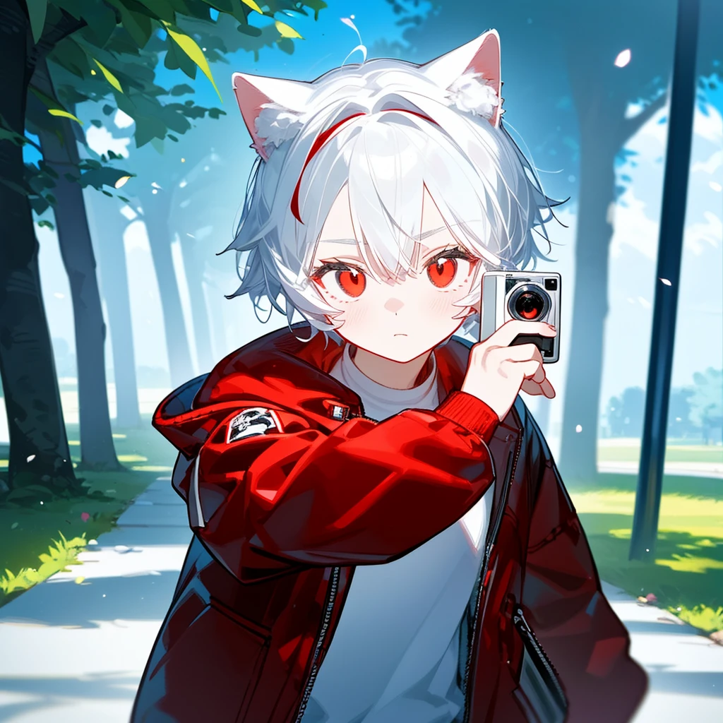 A solo cat boy, With white hair, red eyes, , wearing jacket, bust up!!!!!!!!!,cute boy, memegang kamera, di taman