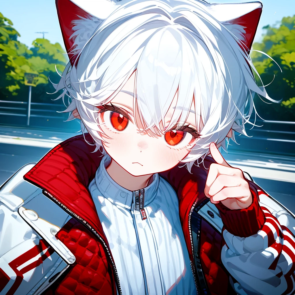 A solo cat boy, With white hair, red eyes, , wearing jacket, bust up!!!!!!!!!,cute boy, memegang kamera, di taman