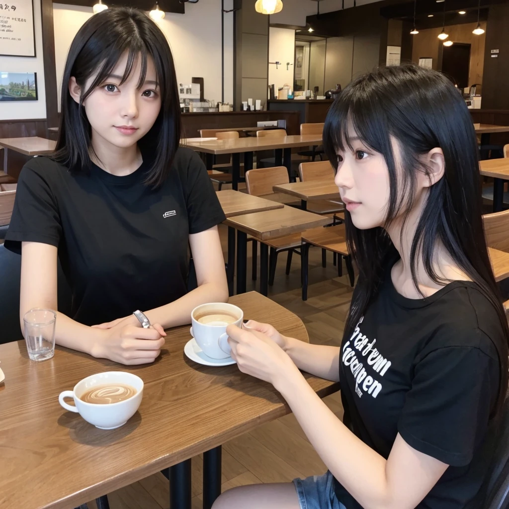 Japanese women、20th Generation、Medium hair with black hair、Cafe table seating、Black T-shirt、My breasts are a little large
