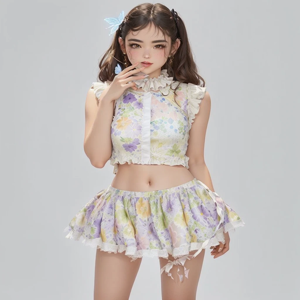 arafed image of a woman in a floral print top and skirt, flower butterfly vest, cute rave outfit, frilly outfit, rave outfit, frilled blooming collar, fantasy outfit, floral clothes, wearing honey - themed miniskirt, fantasy style clothing, colorful rich fantasy clothing, y 2 k cutecore clowncore, rococo ruffles dress