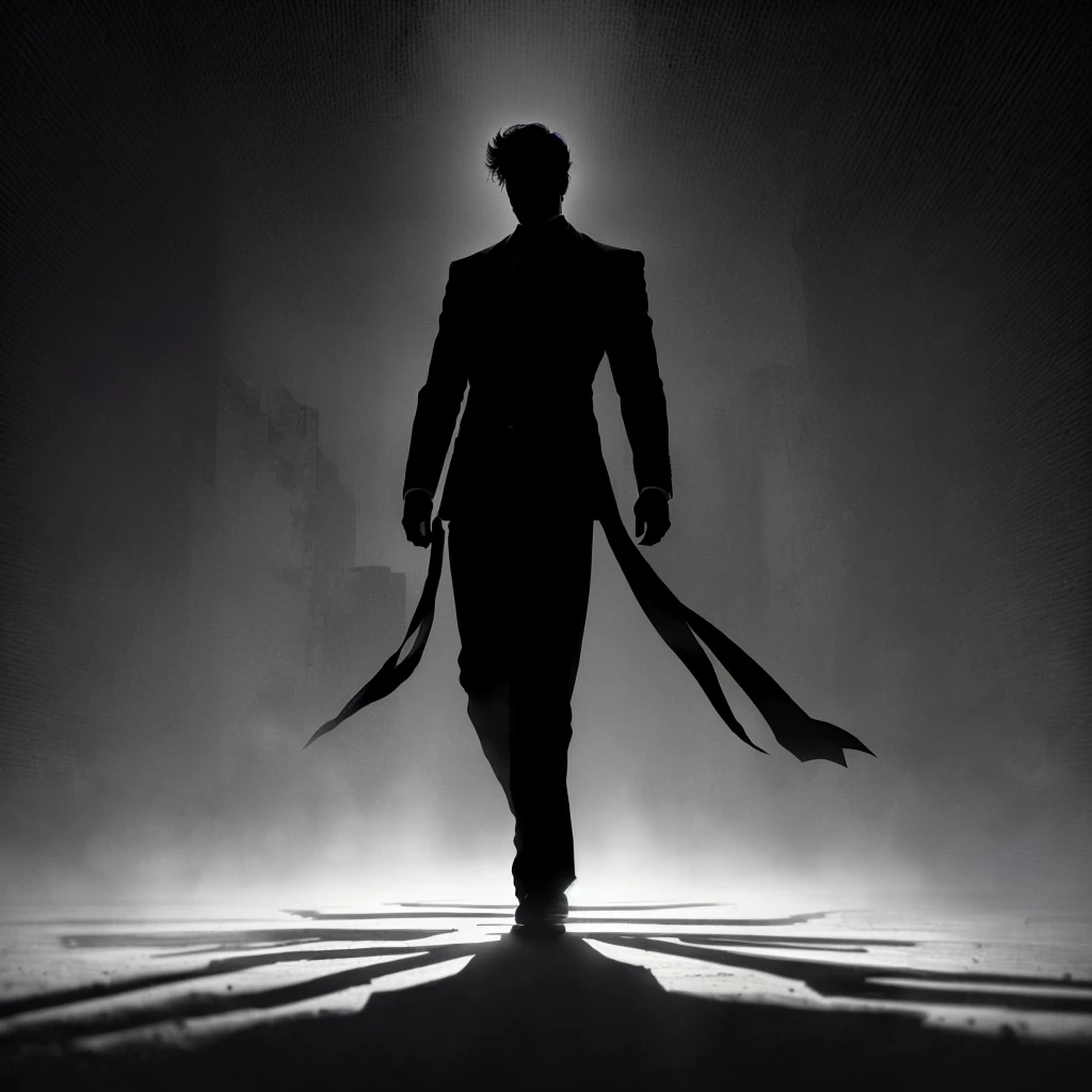 arafed silhouette of a man in a suit walking with a tie, silhouette of a man, silhouette of man, dramatic lighting man, silhoutte, silhouette!!!, silhouette, black silhouette, man walking, editorial photograph, handsome man, mysterious man, character silhouette, neo noir style, he is traversing a shadowy city, film noir lighting