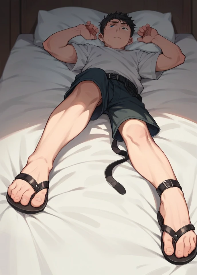 A 20 yo boy lying on his bed and wearing a pair of black sandals with straps. Perspective near the feet,