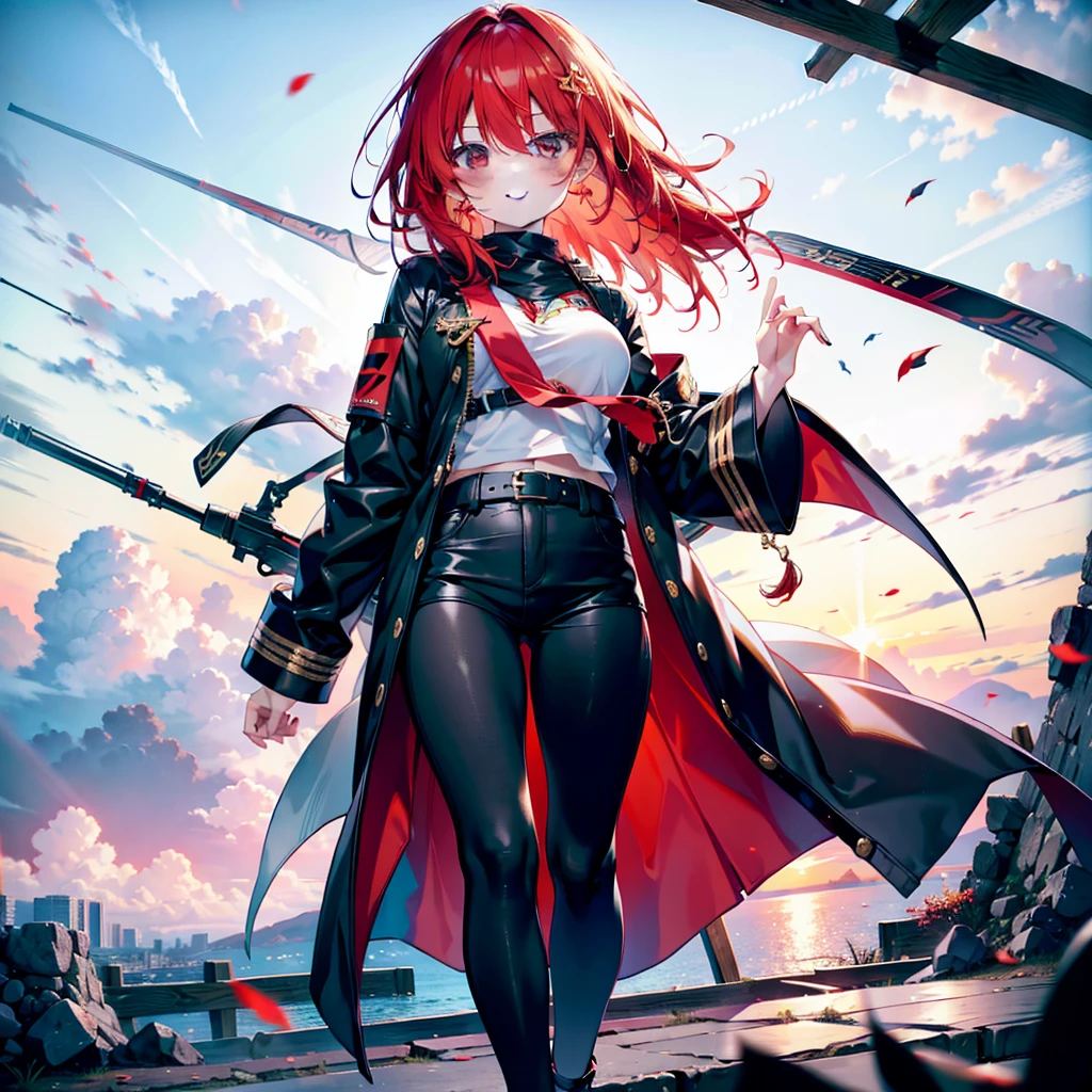 Ryuubedon, eyes RED AND GOLD, wicatalyst, red Hair, red and gold eyes,Long Hair,peitos grandes, happy smile, smile, Open your mouth, Oversized black y-shirt,Big Breasts,black skinny pants,Stiletto heels,morning,morning陽,The sun is rising,walking,whole bodyがイラストに入るように,Looking up from below,
break looking at viewer,whole body,
break outdoors, In town,
break (masterpiece:1.2), highest quality, High resolution, unity 8k wallpaper, (figure:0.8), (Beautiful fine details:1.6), Highly detailed face, Perfect lighting, Highly detailed CG, (Perfect hands, Perfect Anatomy),