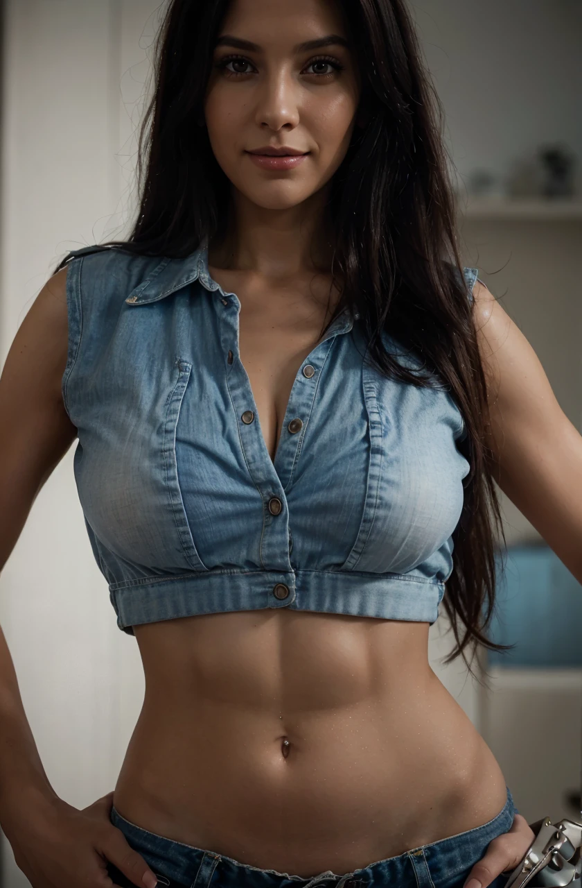 4k, hyperreal babes, 25 year old woman, smiling, natural breasts, Delgado, big breasts, very toned stomach, ripped gym abs, Photorealist, Photo, artwork, realist, realism, Photorealism, High contrast , Photorealist digital art trending on Artstation 8k HD high definition detailed realist, detailed, skin texture, hyper detailed, realist skin texture, Best Quality, ultra high resolution, (Photorealist:1.4),, high resolution, detailed, raw Photo, Re acute, by lee jeffries nikon d850 film stock Photography 4 kodak portra 400 camera f1.6 lens rich colors hyper realist lifelike texture dramatic lighting unrealengine trending on artstation cinestill 800 cambiar fondo habitación de lujo iluminación photonica 