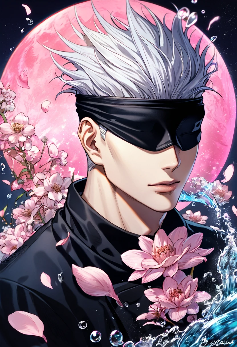 absurdres, highres, ultra detailed, HDR, master piece, best quality, extremely detailed face, delicated features, Gojo Satoru, white hair, black blindfolded eyes, Jujutsu Kaisen, solo, sexy man, handsome, black clothes, pink flowers, pink petals, water, magical, fantasy, pink moon, starry sky