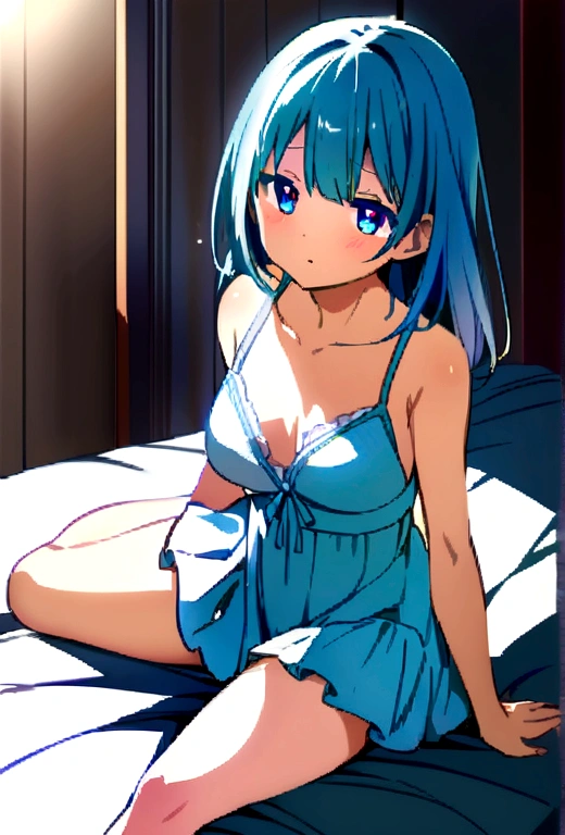 Anime girl in lingerie sitting on the bed