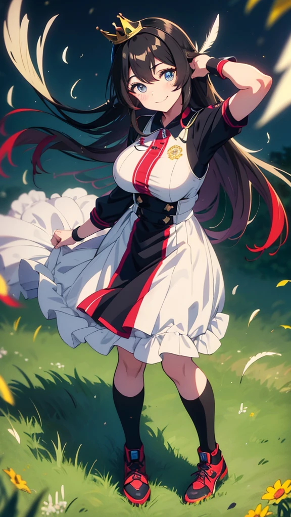 best quality, extremely detailed, anime style adult 1girl, long hair down to the waist, straight hair, ((dark black hair with bluish)),crown braid,beautiful detailed eyes, pinched eyes, dark blue eyes, huge breasts,curvy,(((princess motif jockey's racing uniform))),longskirt,((feather and colorful accessory)),((foppery shoes)),((((light smile)))),((((grassland)))),animation cap,animated gif,in umamusume style