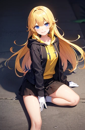 girl, Yellow hair, smile, Black hooded jacket, short black skirt, White shoes, white gloves, blue eyes, long hair,