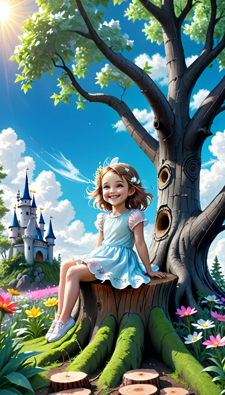 the picture is in the style of a coloring book black and white lines. a litlle girl is smiling and sitting on the tree stump looking at the flovers around her.t here are fairy trees behind her and fairy castle, clouds and sun in the backgraund