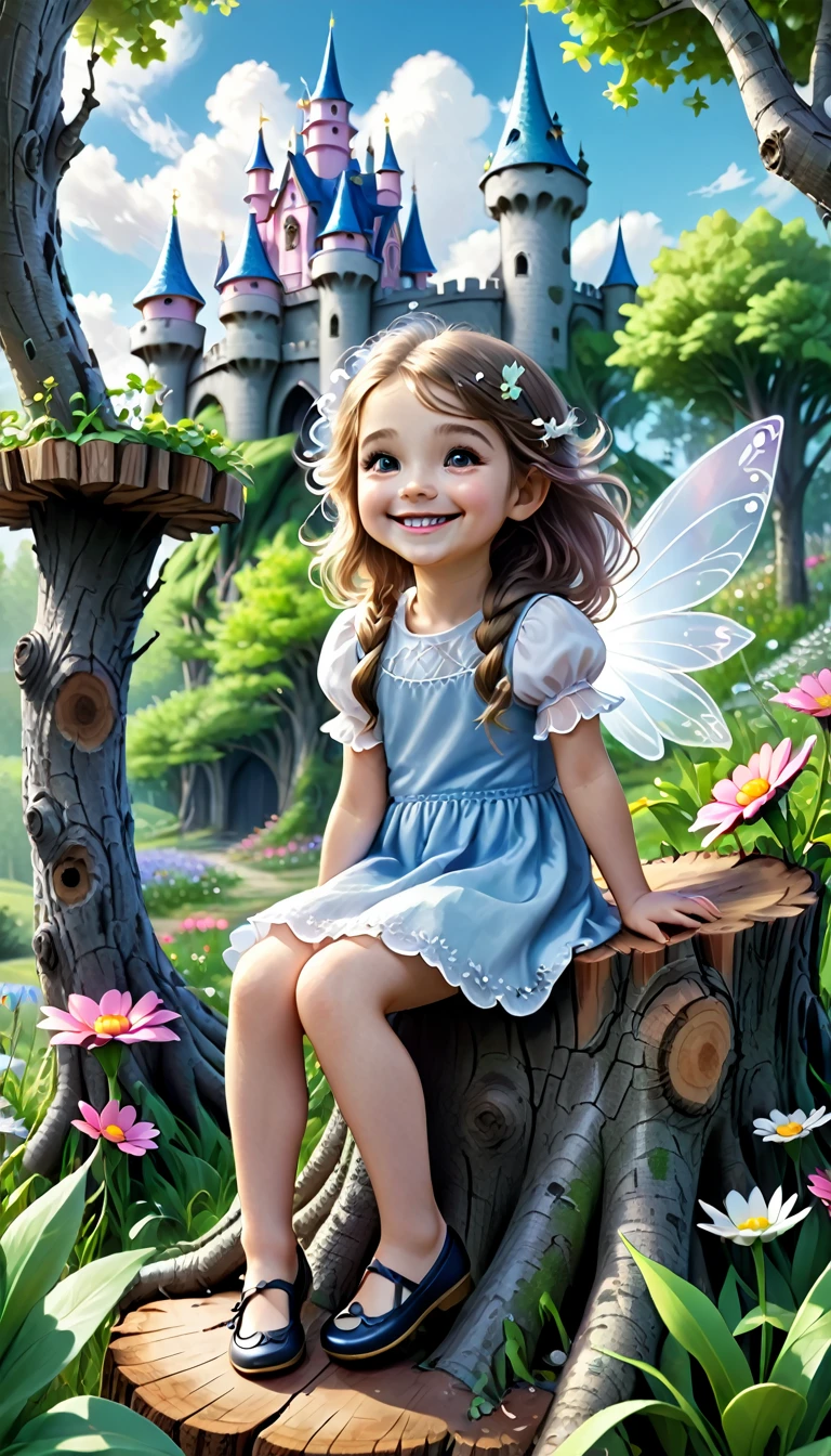 the picture is in the style of a coloring book black and white lines. a litlle girl is smiling and sitting on the tree stump looking at the flovers around her.t here are fairy trees behind her and fairy castle, clouds and sun in the backgraund