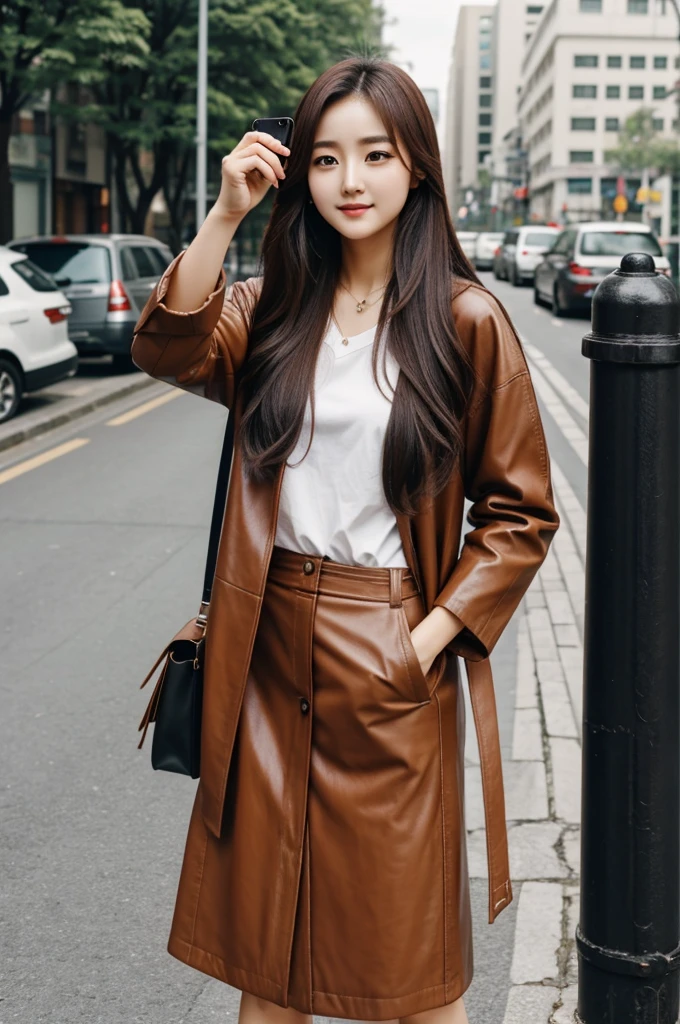 There is a woman taking a selfie on the street.., with a brown leather maxi jacket, ulzzang, Beautiful young Korean woman, korean girl, Sakimichan, beautiful south korean woman, Asian girl with long hair, with long hair, dilraba dilmurat, heonhwa choe, gongbi, Beautiful young Korean woman karinaaespa