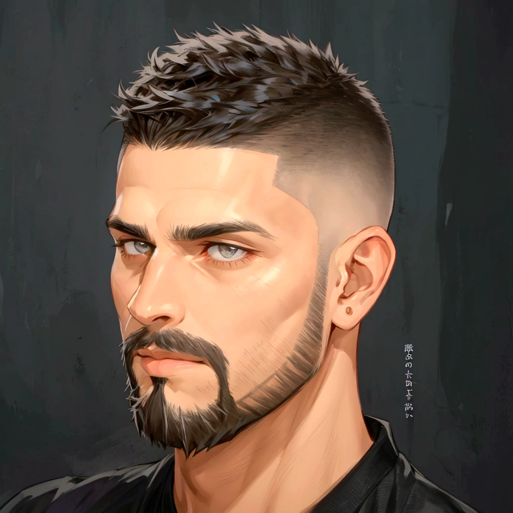 a close-up of a man with a beard and black shirt, crew cut hair, crew cut, short hair on top of the head, short beard, modern haircut, short facial hair, short goatee, cabelo short on sides da cabeça, short top with shaved sides, short stubble, bald with short beard, short on sides, short beard e desalinhada, shaved haircut