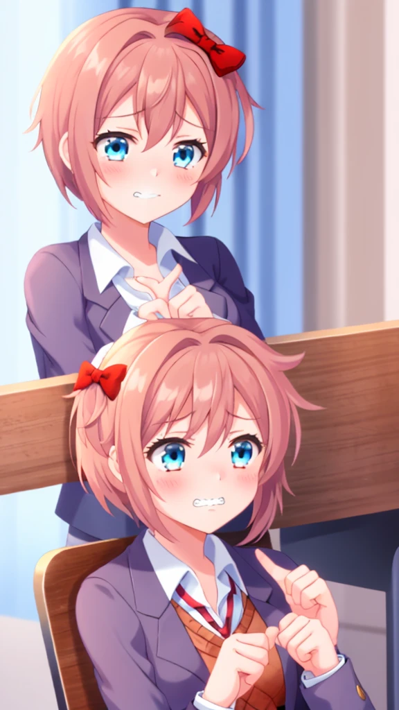 one girl, Sayori, DDLC, Doki Doki Literature Club, hair bow, school blazer, light blue eyes, index fingers together, shy, blush, smile awkwardly, feel sorry, Ehehe~, teeth, shifty eyes, girl don't look at me, girl is clumsy and make a mistake