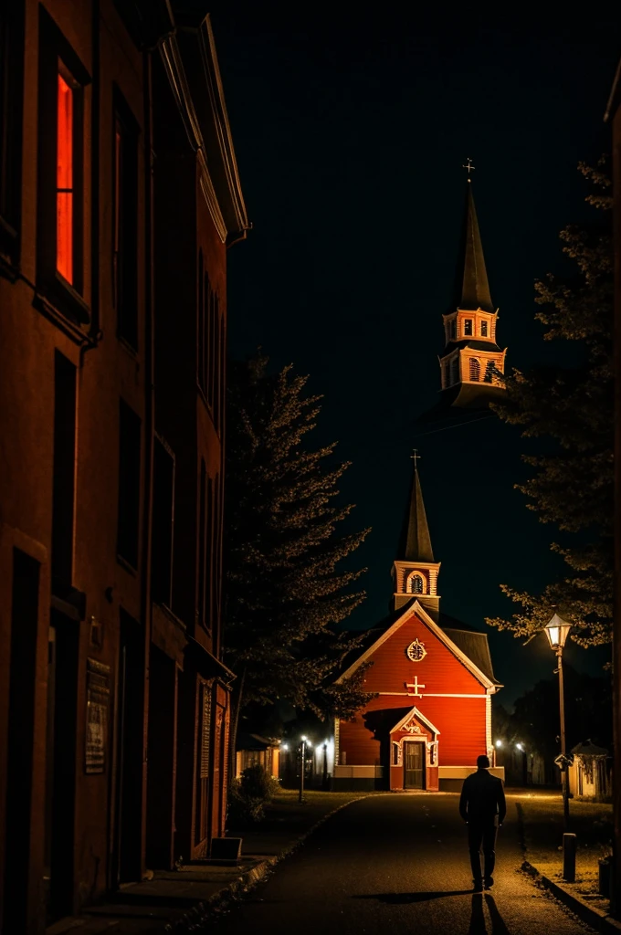 Man walking in the middle of the dark and spooky night towards a red church in a rural town with a big clock