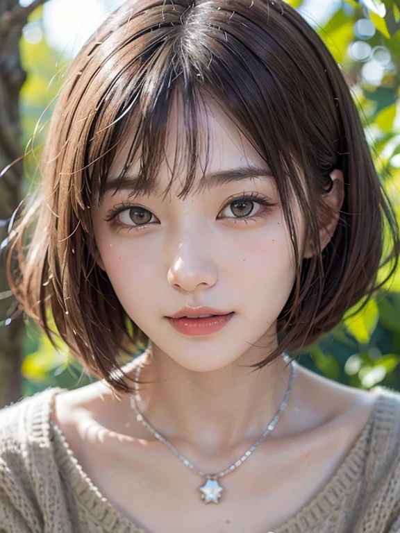 (Bright and very beautiful silver hair、Bob cut silver hair:1.2),(Wear a knitted sweater:1.2),1 Girl,Japanese,21 years old,(Small breasts:1.3),(Highest quality,masterpiece:1.3,Ultra-high resolution,),(Very detailedな,Caustics),(Photorealistic:1.4,RAW shooting,)Ultra-Realistic Capture,Very detailed,High resolution 16K human skin closeup。 Natural skin texture、,Pores、、It must be detailed enough to be easily identifiable。 Skin tone is even and healthy looking。 Use natural light and color, Sad expression, Looking at the camera, Perfect dynamic composition, Outdoor,The best smile