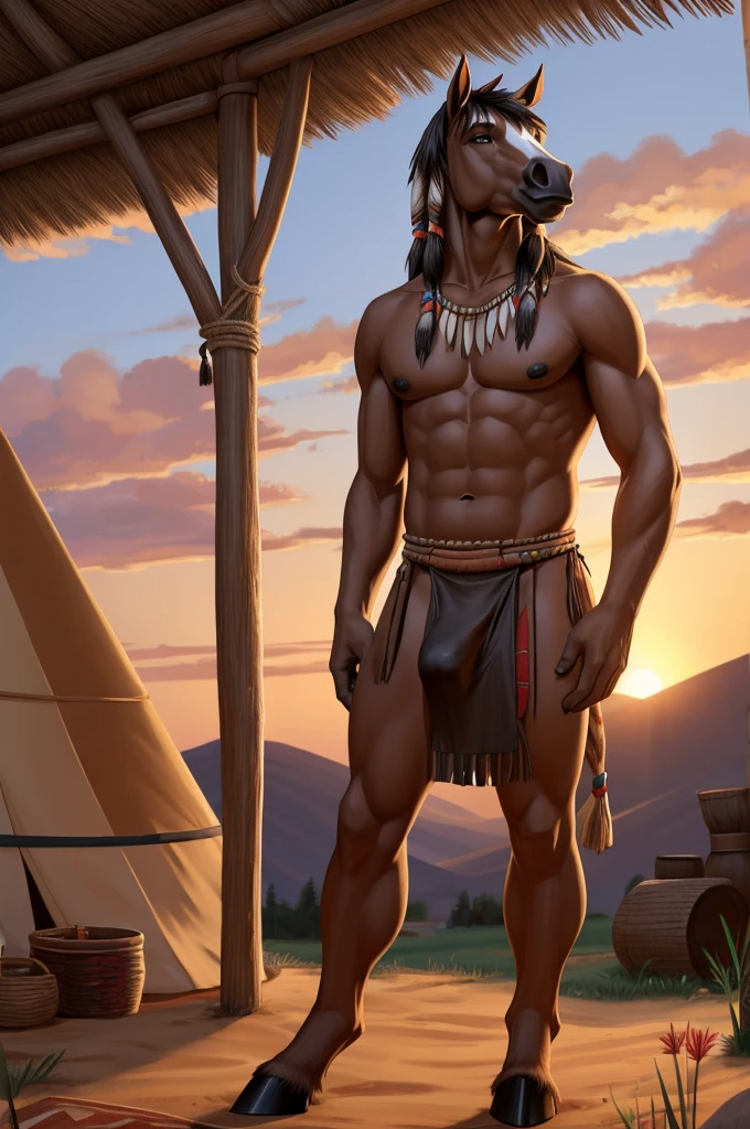 There is on adult character on this picture. The character is a slender anthropomorphic male brown horse, brown fur, slender character, slender, barefoot, digitigrade, hooves, horse tail. The character is dressed as a native american. Native american clothes. The character is wearing a loincloth. Male bare chest, bare chested male, topless male, black nipples, black areolas, visible black balls behind the loincloth, black balls, visible black testicles behind the loincloth, black testicles, visible black penis behind the loincloth, black penis, ass, butt, nsfw. The scene takes place on a native american village with tepees. Sunset. Warm light. Warm atmosphere. Fullbody. Full body.
