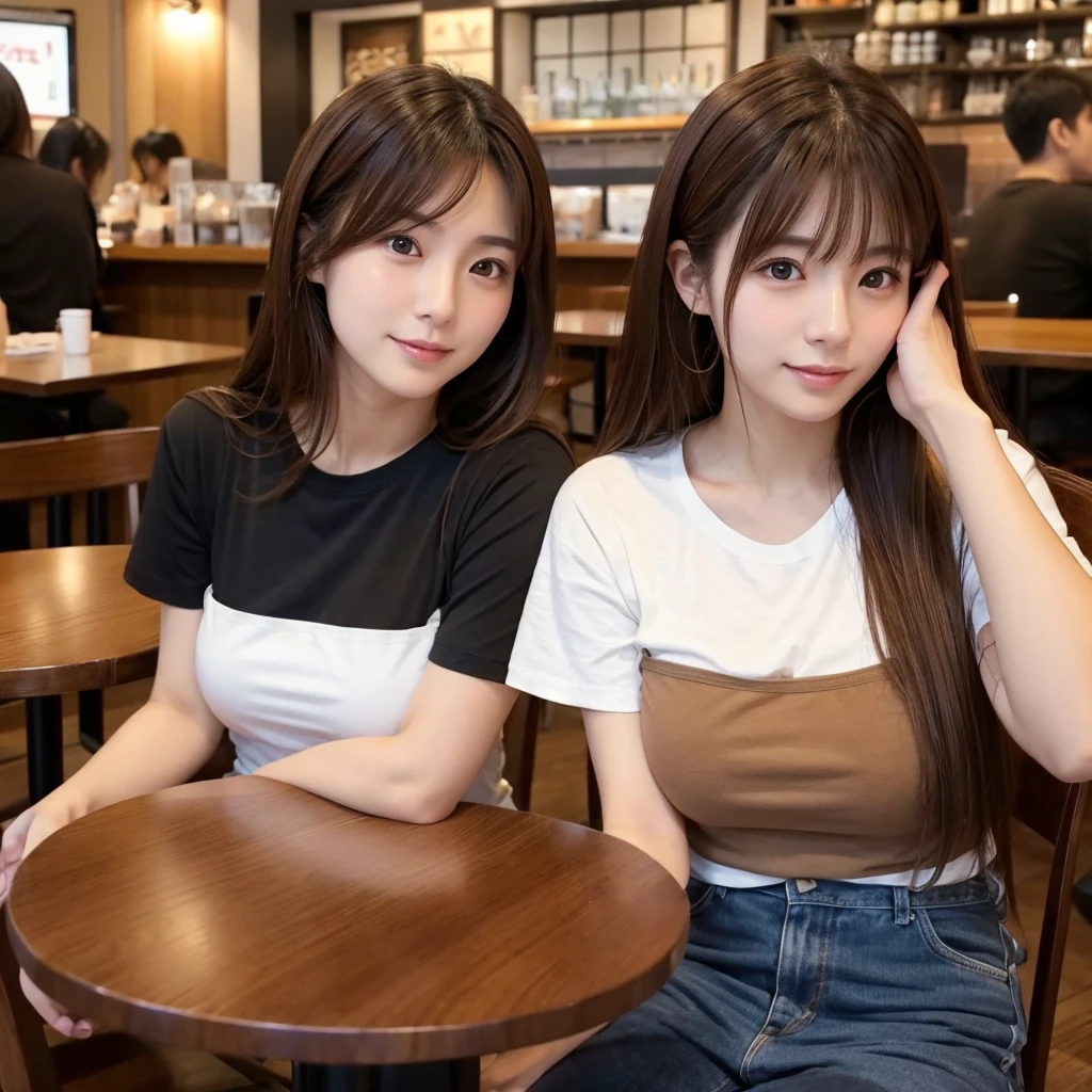 Japanese women、20th Generation、Brown medium hair、Cafe table seating、Face-to-face angles、Black T-shirt、Large breasts
