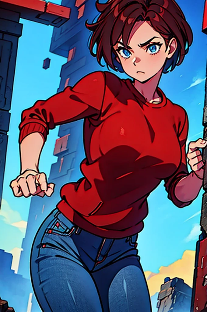 Nea, blue eyes, short brown hair, red and black sweatshirt, blue jeans, contrapposto, cinematic composition, solo,