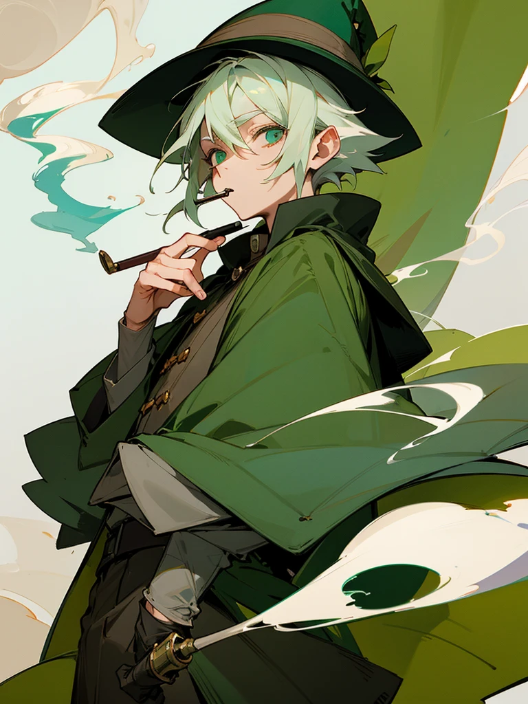 Green pointed hat, green coat, short white hair, young man, smoking pipe, Snufkin