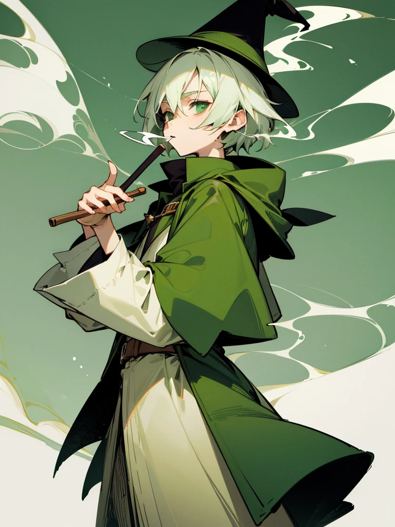 Green pointed hat, green coat, short white hair, young man, smoking pipe, Snufkin