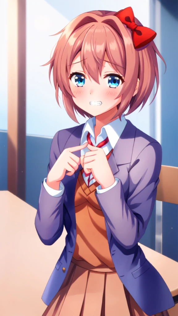 one girl, Sayori, DDLC, Doki Doki Literature Club, hair bow, school blazer, light blue eyes, index fingers together, shy, blush, smile awkwardly, feel sorry, Ehehe~, teeth, shifty eyes, girl don't look at me, girl is clumsy and make a mistake