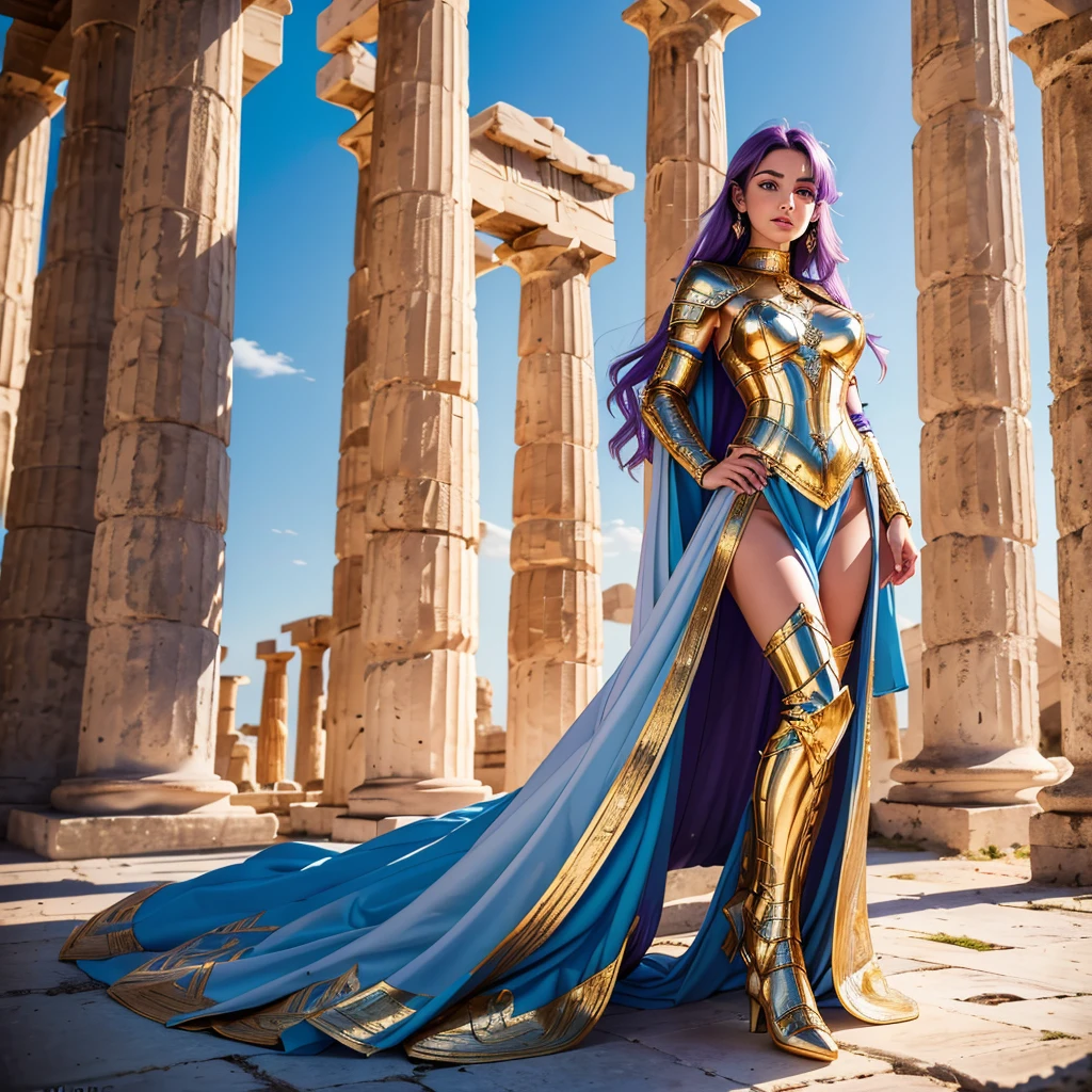 one woman, 25 year old, Greek goddness, purple hairs, blue eyes, greece, ancien temple, perfect bosy, masterclass, HD, 8k, wearing an armor, gold armor, armure cisellée, zodiac armor design, mythological armor, white cape, dark enegy aura, in an ancient greek temple in ruins