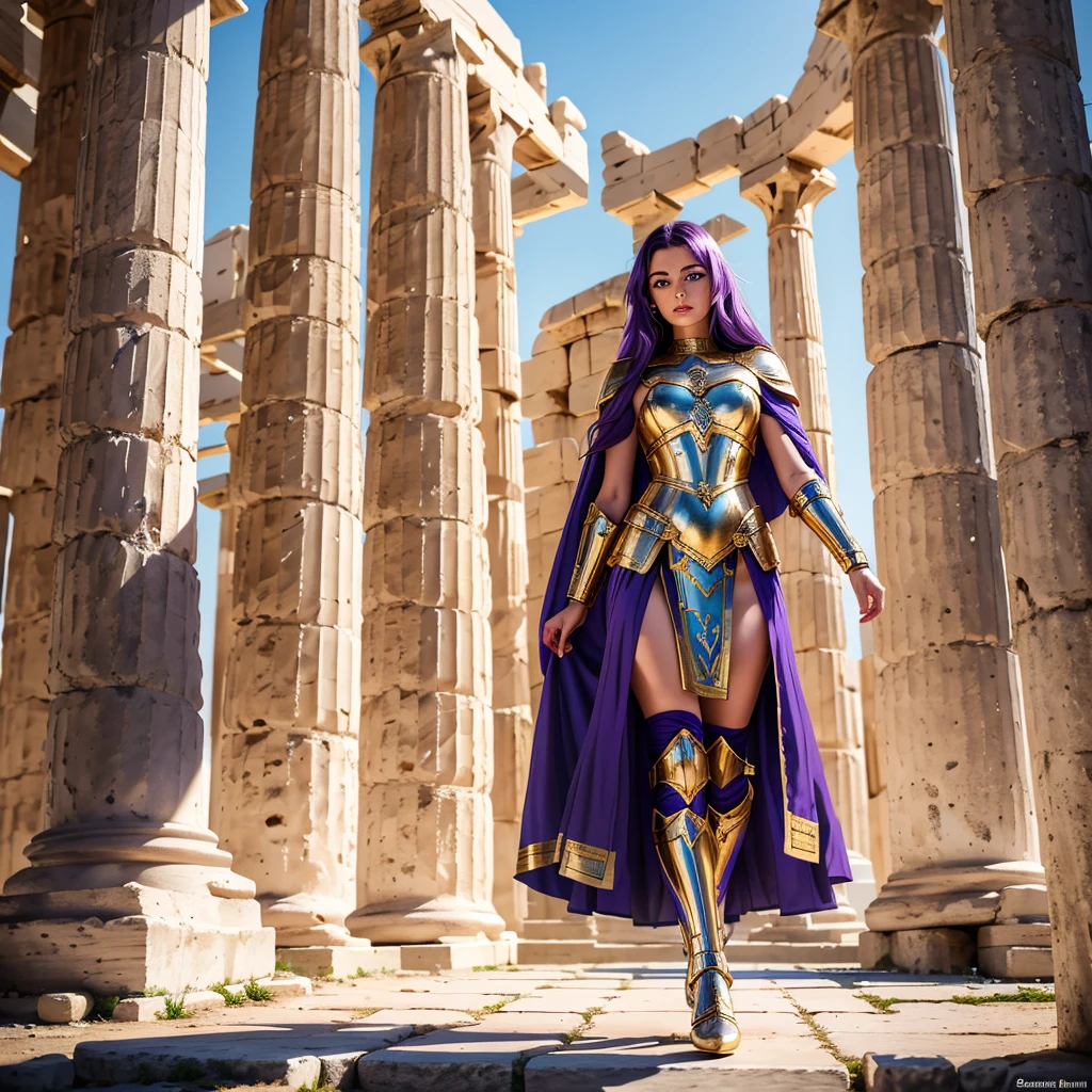 one woman, 25 year old, Greek goddness, purple hairs, blue eyes, greece, ancien temple, perfect bosy, masterclass, HD, 8k, wearing an armor, gold armor, armure cisellée, zodiac armor design, mythological armor, white cape, dark enegy aura, in an ancient greek temple in ruins