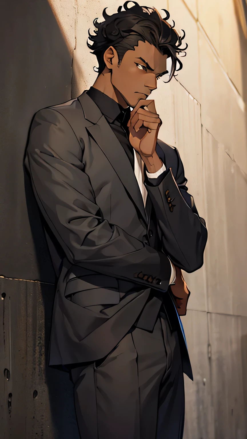 Anime styles, black man with brown eyes, slim, gray suit, serious expression, short curly black hair, hotel wall background, pensive with hand on chin