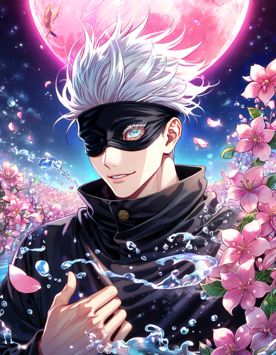 absurdres, highres, ultra detailed, HDR, master piece, best quality, extremely detailed face, delicated features, Gojou Satoru, white hair, black blindfolded eyes, Jujutsu Kaisen, solo, sexy man, handsome, smile, black clothes, pink flowers, pink petals, water, magical, fantasy, pink moon, starry sky, envy magical