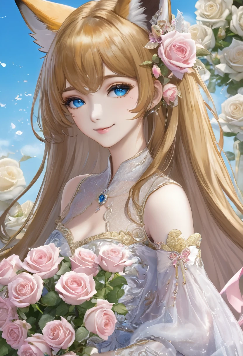 (((masterpiece))), (((Highest quality))), ((Super detailed)), ((Ultra-fine illustrations)), ((Ultra-fine painting)), (16K Highest qualityの壁紙:1.4), (Upper Body:1.4), (Very detailed and delicate illustration style:1.8), Detailed skin texture, Detailed cloth texture, Detailed rose flower texture, Lilia、wn hair:1.2), (Very detailed, Beautiful and clear eyes:1.2), original, RAW Photos, Professional, Intricate details, Super Detail, (Perfect Anatomy:1.4), (Very detailed hands:1.2), (Very detailed fingers:1.2), (Very detailed fingertips:1.2), (27 years old), (alone:1.6), ((Very beautiful and attractive fox female fashion model:1.4))
brake
(Beautiful and adorable fox ears:1.6), (Very detailed and delicate fox ears:1.4), (Beautiful and well-shaped big breasts:1.2), (Beautiful and shapely butt), (Beautiful shiny golden brown hair:1.6), (Very detailed and delicate golden brown hair:1.4), (Clear blue eyes that shine beautifully in every detail:1.6), (Very detailed and delicate blue eyes:1.2), (Very detailed face:1.4), (smile:1.4), (View your viewers:1.4), (Are standing:1.4), (celebration:1.4)
brake
((celebrationの席で着用するのにぴったりな、A beautiful and gorgeous princess dress with a plank neckline and attention to detail.。:1.4))
brake
((Holding a large, intricate and delicate bouquet in both hands ((White and pink roses)):1.4))
brake
(After noon:1.4), (celebration:1.4), ((Very detailed and delicate white rose flower and pink rose flower garden background:1.4)), (Very detailed and delicate royal palace courtyard background in just after noon:1.4) brake
