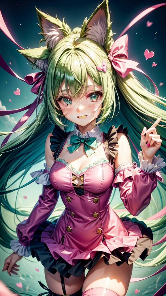 Green pink  hair, pink eyes, woman, teal blue gold clothes, hair bows, happy face, sexy, cat ears, hearts, floating hearts, thigh up, thigh high tights,  long hair, smiling 