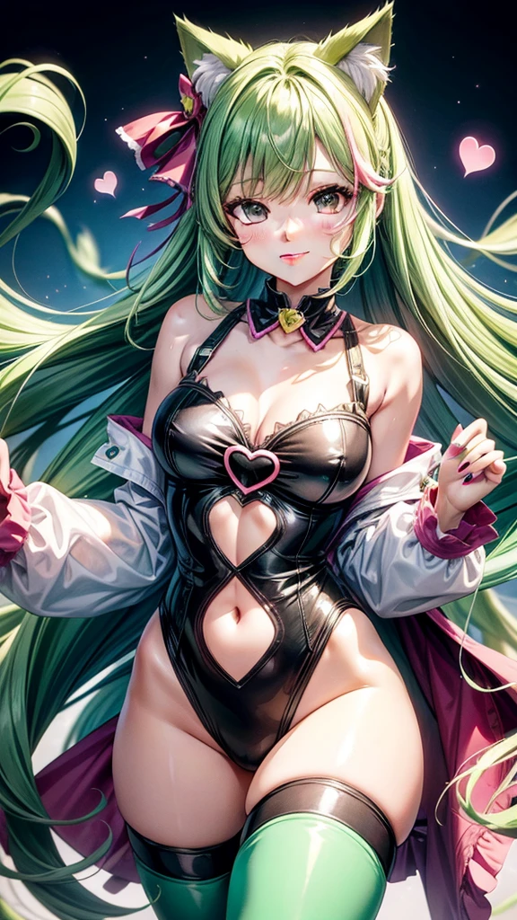 Green pink  hair, pink eyes, woman, teal blue gold clothes, hair bows, happy face, sexy, cat ears, hearts, floating hearts, thigh up, thigh high tights,  long hair, smiling 