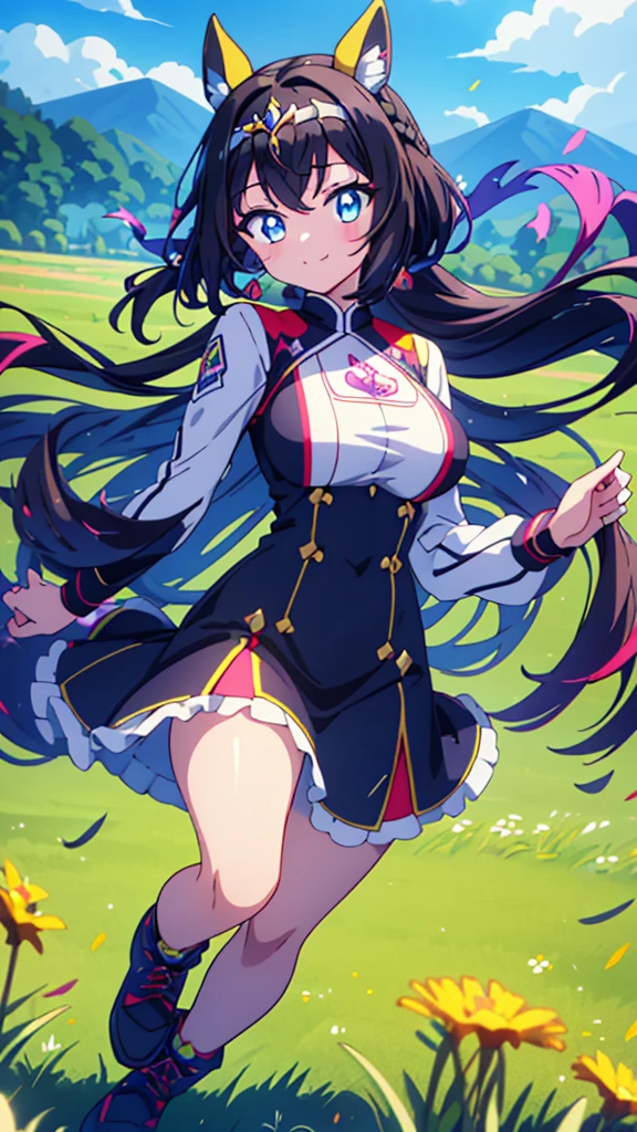 best quality, extremely detailed, anime style adult 1girl, long hair down to the waist, straight hair, ((dark black hair with bluish)),crown braid,beautiful detailed eyes, pinched eyes, dark blue eyes, huge breasts,curvy,(((princess motif jockey's racing uniform))),longskirt,((feather and colorful accessory)),((foppery shoes)),((((light smile)))),((((grassland)))),animation cap,animated gif,in umamusume style