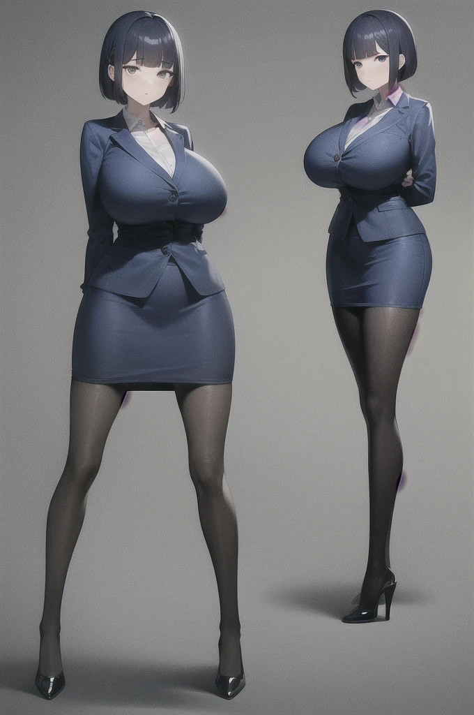 masterpiece, 1girl, (opll:1.2), shortstack, full body, standing, (huge breasts:1.0), (blue pantyhose, office lady:1.1), blunt bangs, short hair, serious, simple background