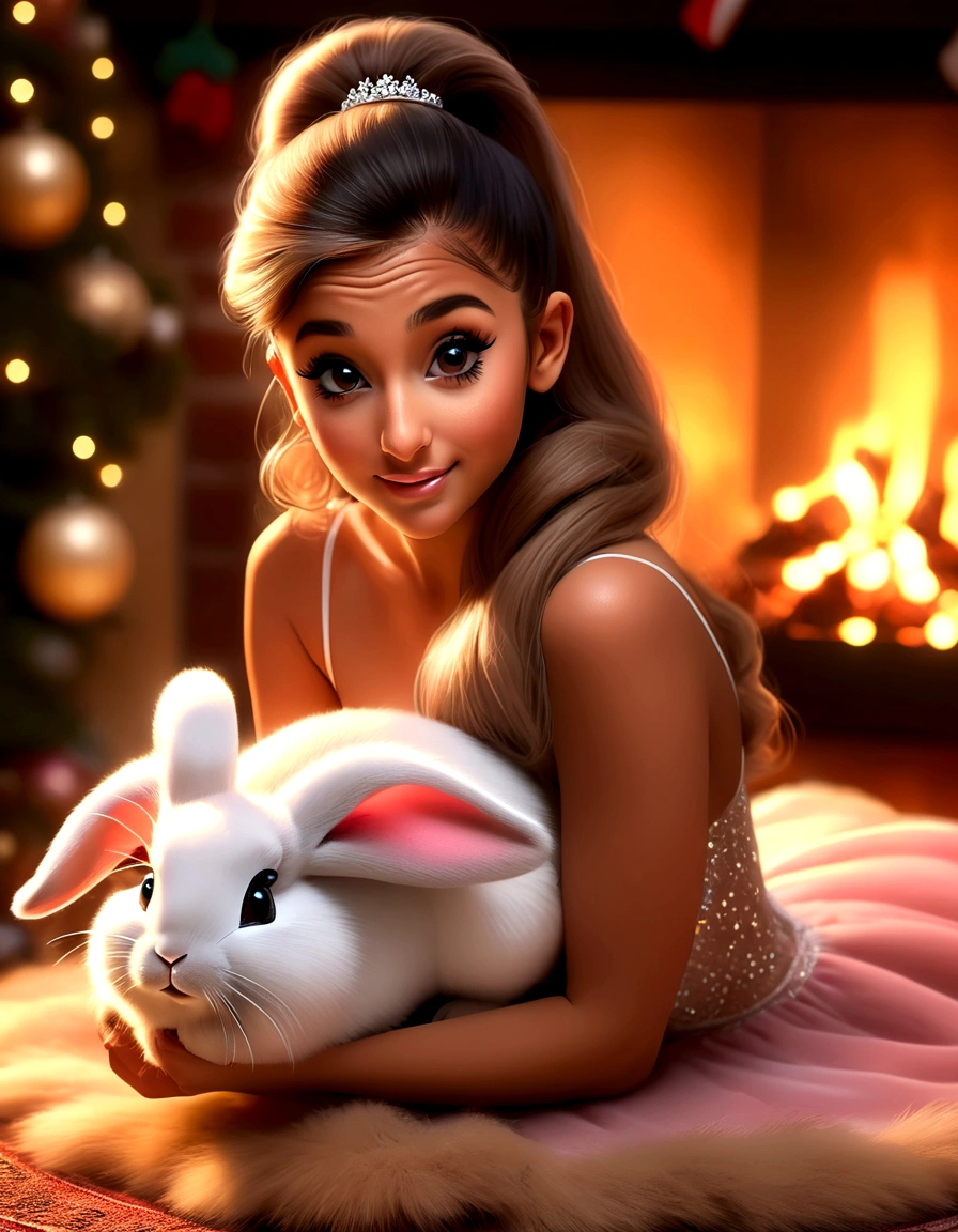 a cute woman, Ariana Grande (age 25), airy sheer hip length fully open night gown (not tied) (midriff and genitals exposed), no underwear, kneeling on a fur rug, near fireplace, Christmas decorations, petting a bunny, flirtatious, ultra-detailed, 8k, highres, masterpiece, realistic, photorealistic, photo-realistic, HDR, UHD, studio lighting, ultra-fine painting, sharp focus, physically-based rendering, extreme detail description, professional, vivid colors, bokeh, portraits, chiaroscuro lighting, warm color tones