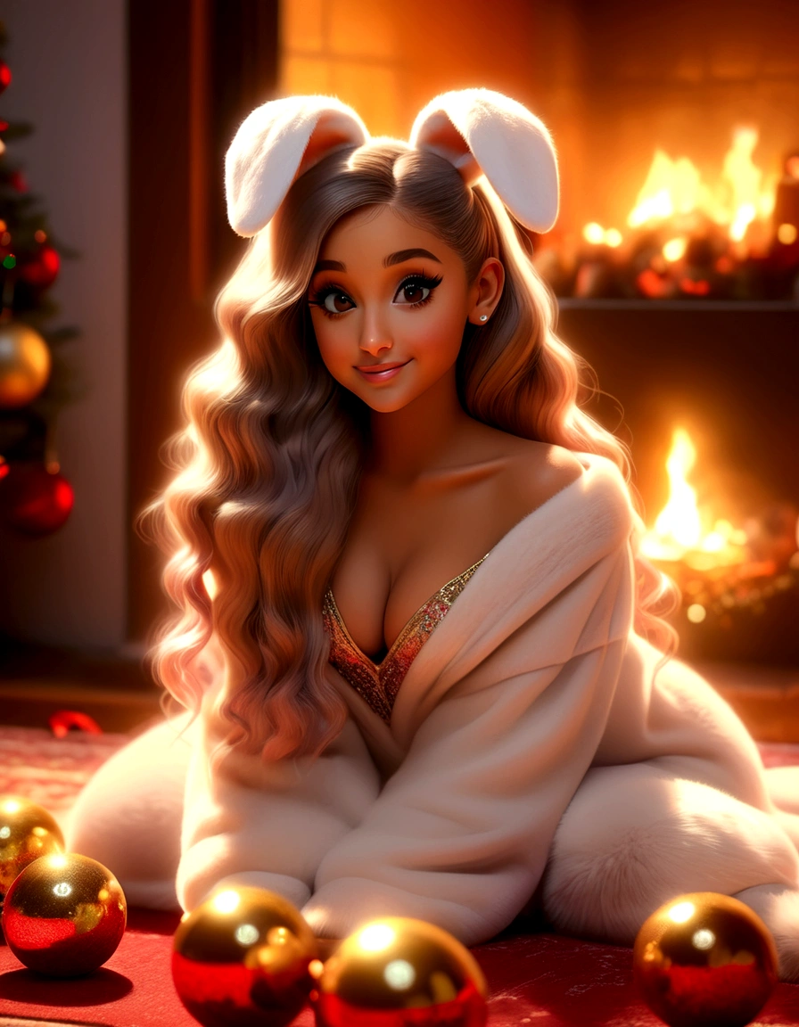 a cute woman, Ariana Grande (age 25), airy sheer hip length fully open night gown (not tied) (midriff and genitals exposed), no underwear, kneeling on a fur rug, near fireplace, Christmas decorations, petting a bunny, flirtatious, ultra-detailed, 8k, highres, masterpiece, realistic, photorealistic, photo-realistic, HDR, UHD, studio lighting, ultra-fine painting, sharp focus, physically-based rendering, extreme detail description, professional, vivid colors, bokeh, portraits, chiaroscuro lighting, warm color tones