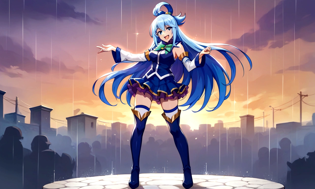 core_9, score_8_up, score_7_up, score_6_up, BREAK source_anime,aqua /(konosuba/), long hair, blue eyes, hair ornament, very long hair, blue hair, hair rings, single hair ring, blue skirt, blue shirt, thighhighs, bare shoulders, detached sleeves, white thighhighs, green bow, blue boots BREAK 1girl, dancing in the rain, detailed eyes, happy, full body shot, on the outskirts of Axel