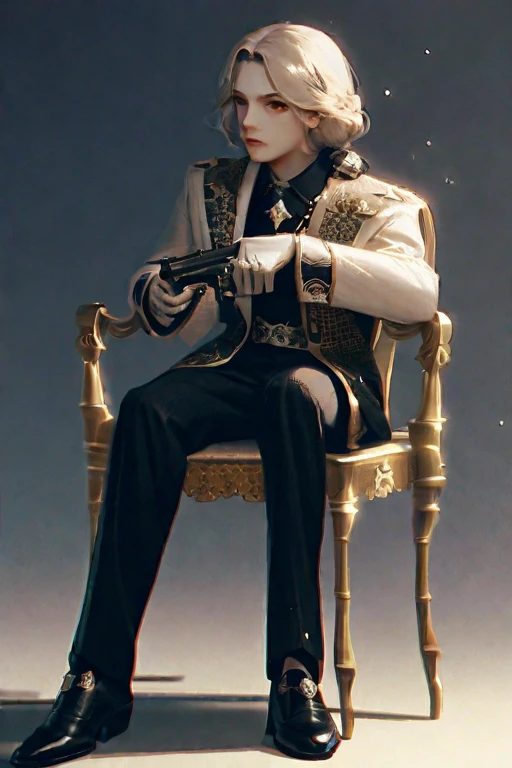 ((Лучшее качество)), ((шедевр)), (подробный), The girl is sitting on a chair with a gun in her hand