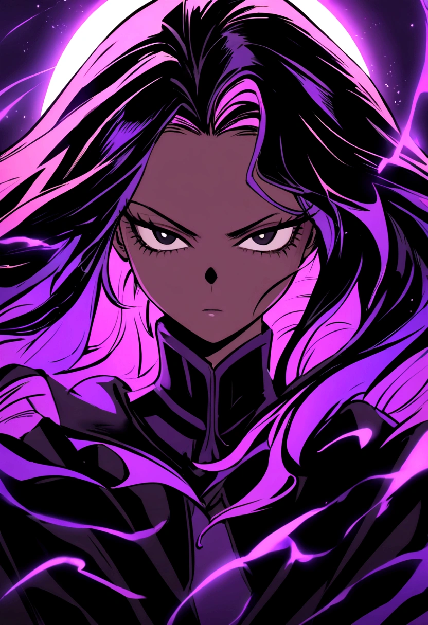 a girl with pink hair, with purple highlights, with a dark complexion in the style of my hero academia as a villain and a purple aura and the moon behind her with black eyes