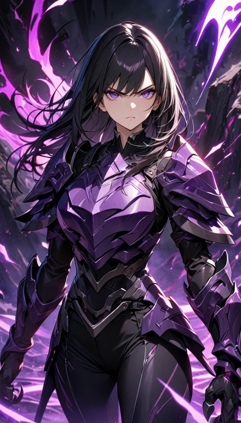 Adult girl, long black hair, purple eyes, black pants, purple armor elements, battle claws, dark magic, serious look, Masterpiece, best quality, Full HD, 8k, ultra details, great graphic