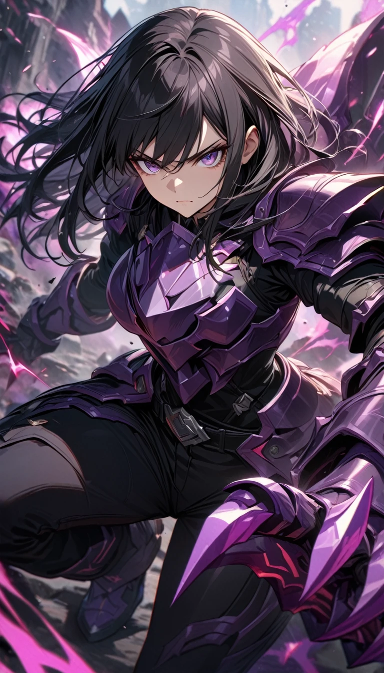 Adult girl, long black hair, purple eyes, black pants, purple armor elements, battle claws, dark magic, serious look, Masterpiece, best quality, Full HD, 8k, ultra details, great graphic