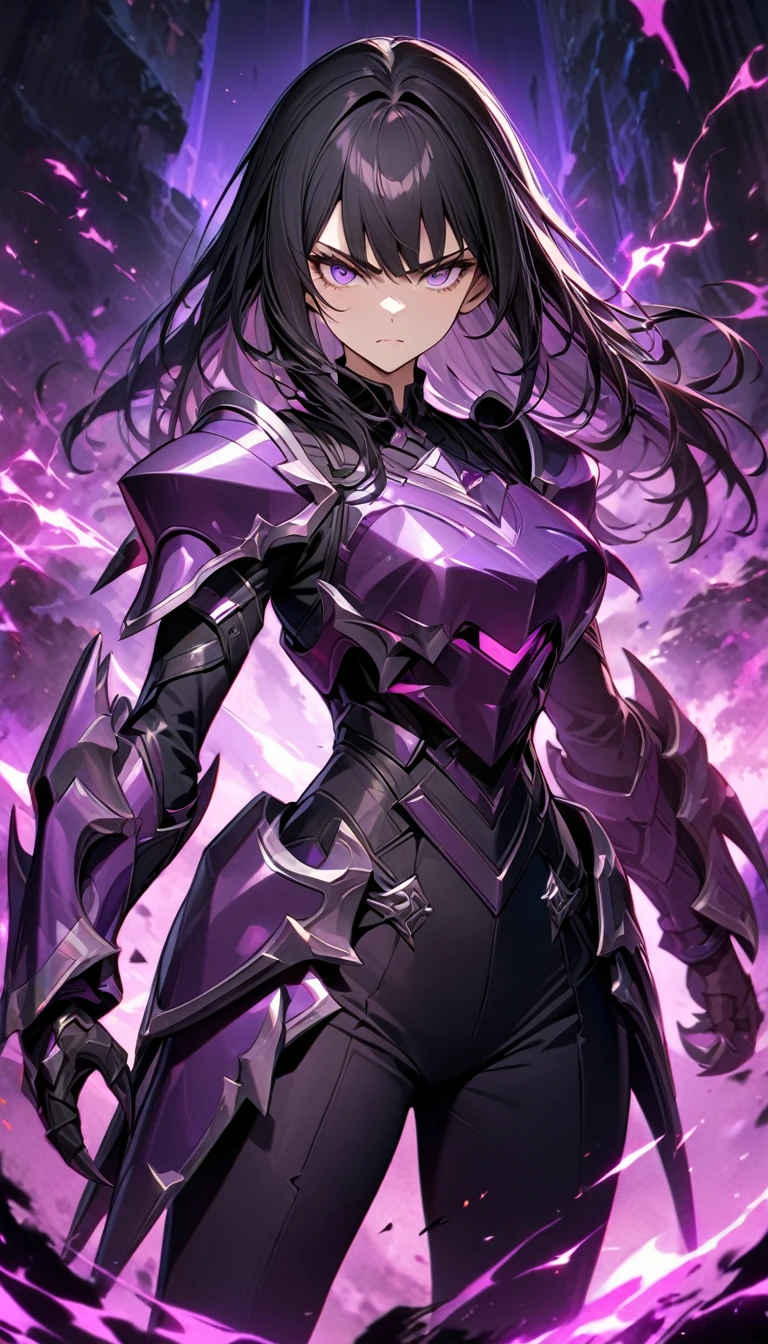 Adult girl, long black hair, purple eyes, black pants, purple armor elements, battle claws, dark magic, serious look, Masterpiece, best quality, Full HD, 8k, ultra details, great graphic