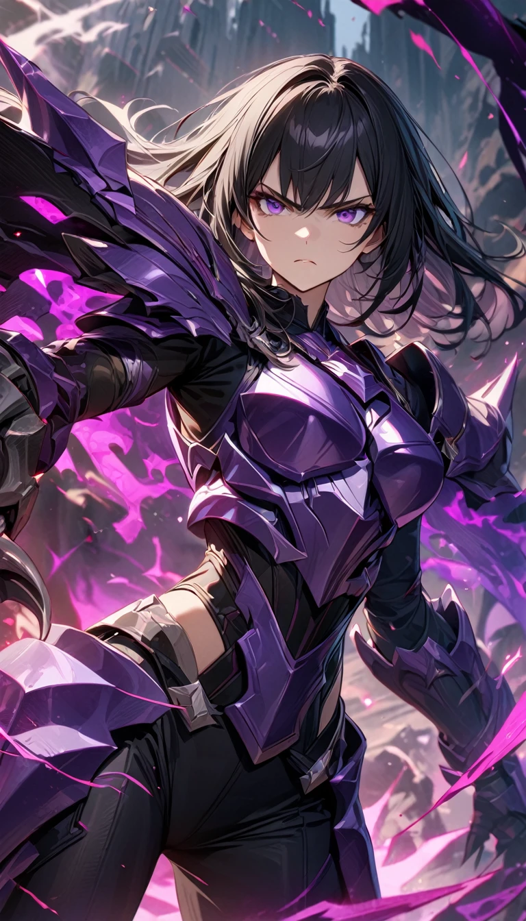 Adult girl, long black hair, purple eyes, black pants, purple armor elements, battle claws, dark magic, serious look, Masterpiece, best quality, Full HD, 8k, ultra details, great graphic
