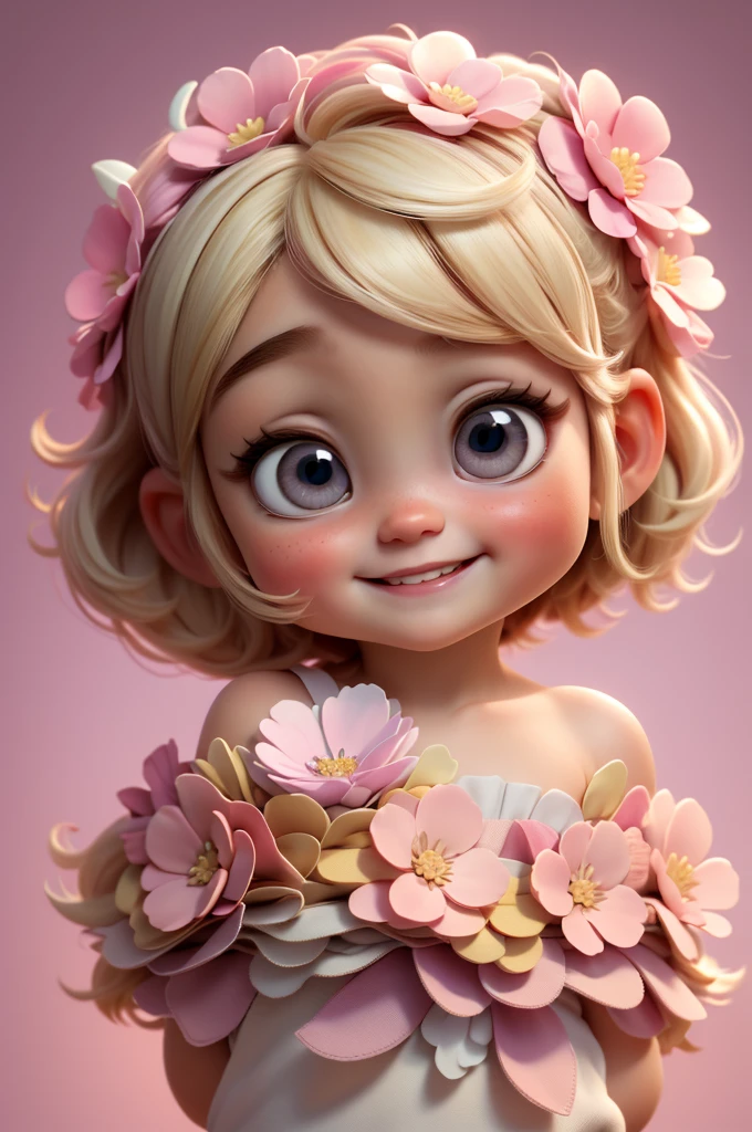 cute  chibi girl blonde hair, flower in head, white and pink background, smiling happy, blue eyes, big eleyelash, rosy cheeks
