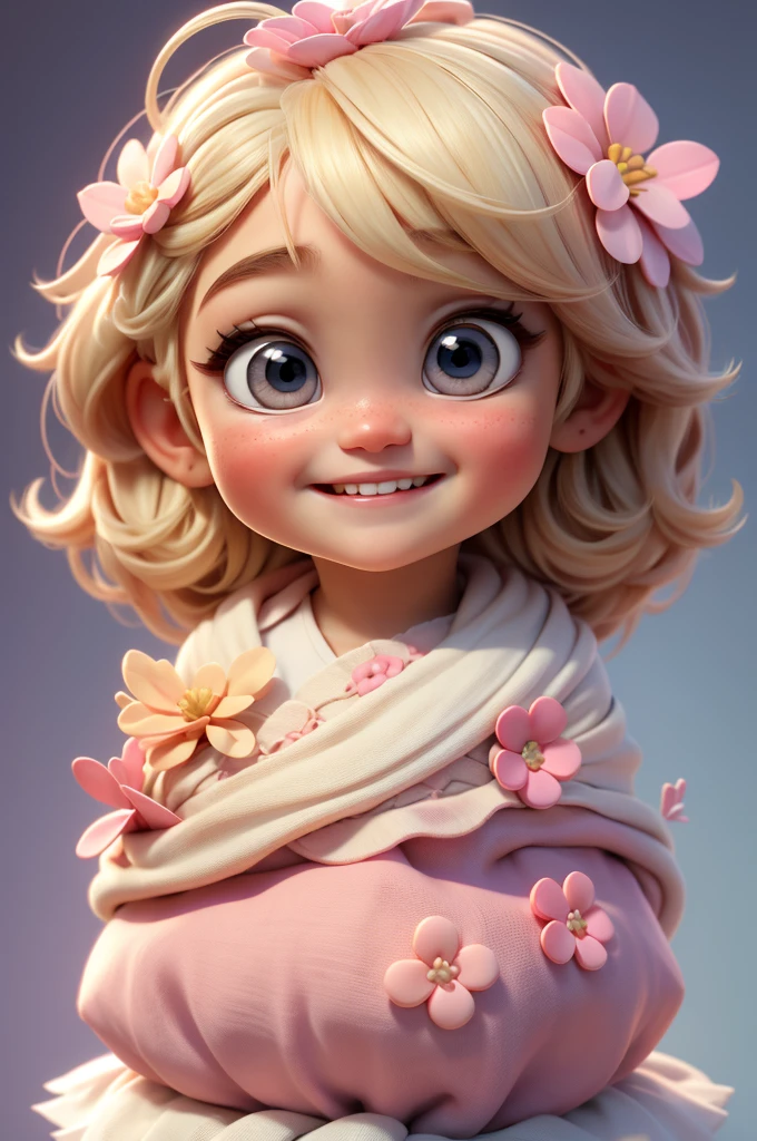 cute baby chibi girl blonde hair, flower in head, white and pink background, smiling happy, blue eyes, big eleyelash, rosy cheeks
