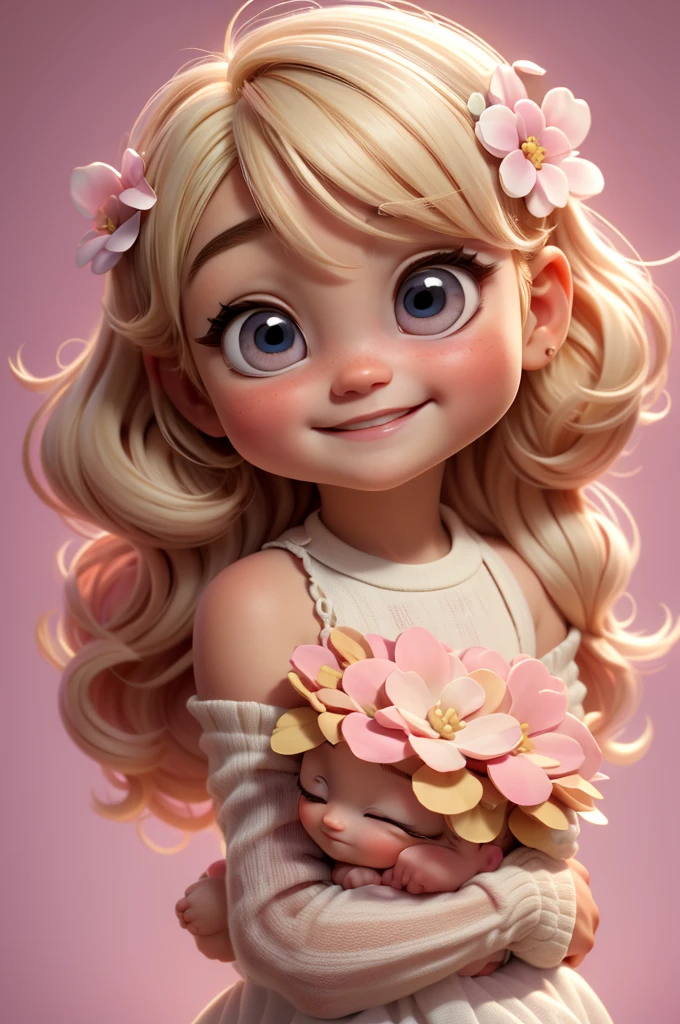 cute baby chibi girl blonde hair, flower in head, white and pink background, smiling happy, blue eyes, big eleyelash, rosy cheeks
