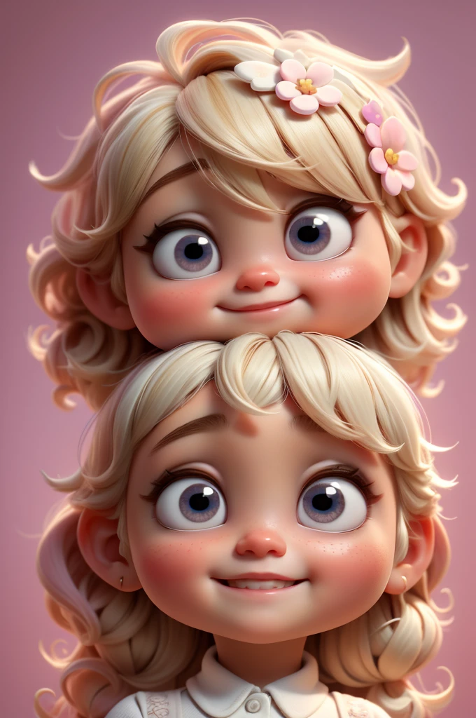 cute baby chibi girl blonde hair, flower in head, white and pink background, smiling happy, blue eyes, big eleyelash, rosy cheeks