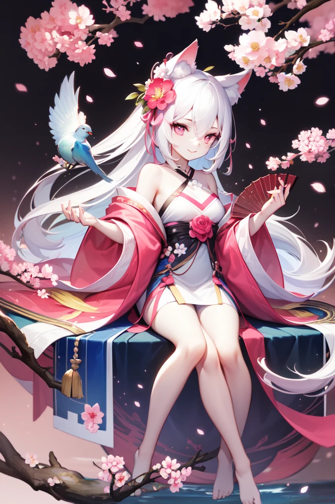1 girl, long hair, One, pink hair, bird, hair ornament, water, I look at the viewer, flower, Cherry blossoms, pink eyes, Black background, Petals, Sitting, bare shoulders, White hair, hair flower, animal ears, dress, branch, hand fan, hair between eyes, very long hair, smile